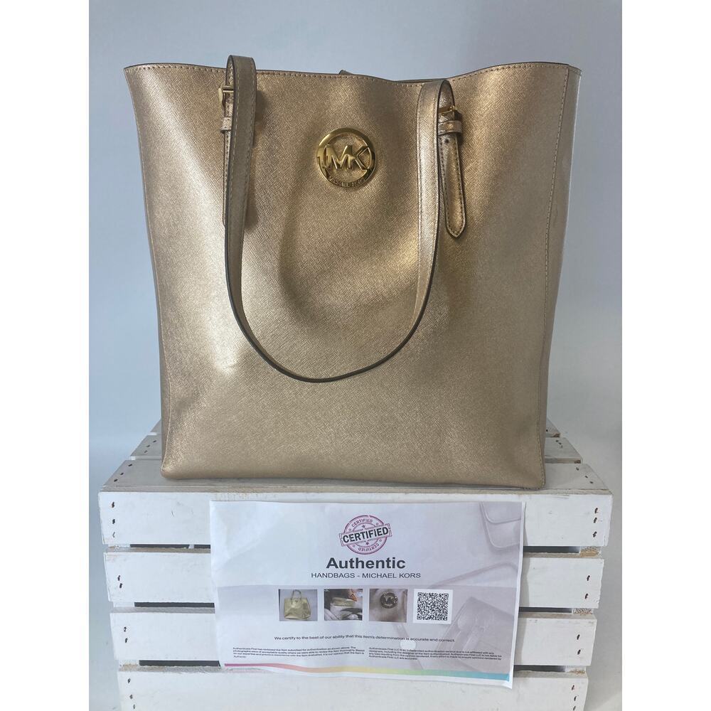 MICHAEL KORS LARGE GOLD METALIC LEATHER SHOULDER BAG